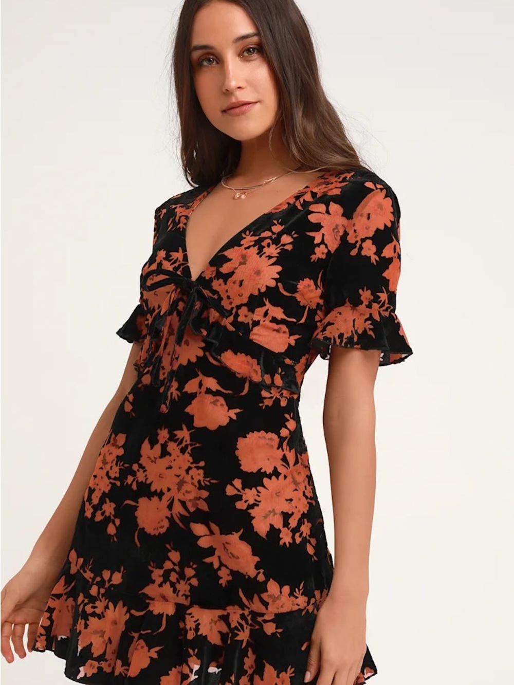 Lulus A Touch of Magic Black Floral Print Velvet Mini Dress Size Small - Picture 2 of 16